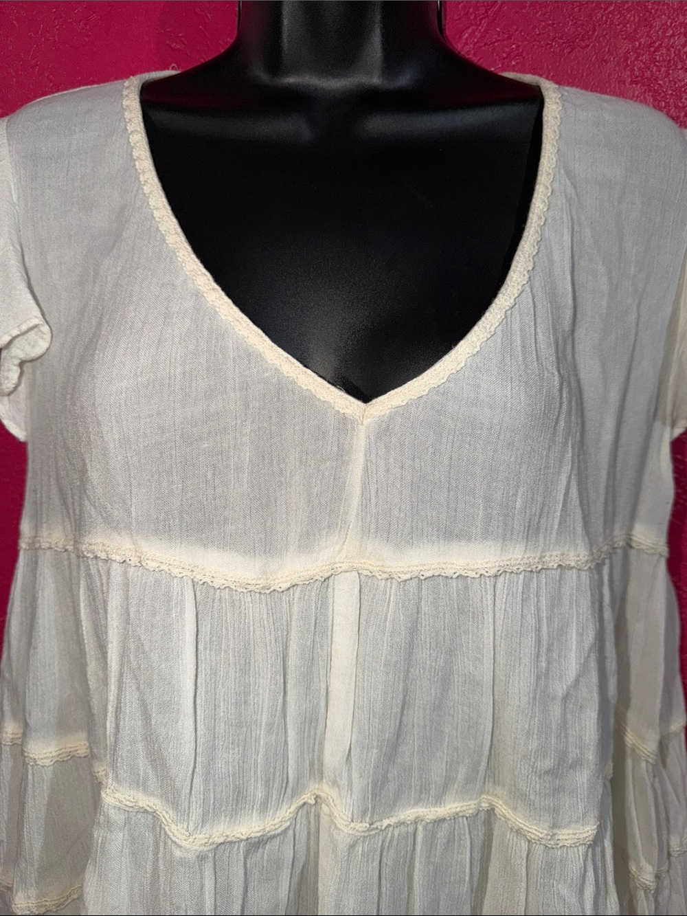 Denim & Supply Ralph Lauren Cream Tiered Flutter Sleeve boho babydoll Top. Sz L.